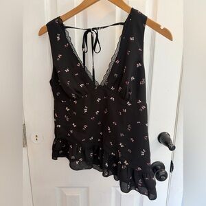 V-Neck Ruffle Tank Top with Pink Butterfly Print